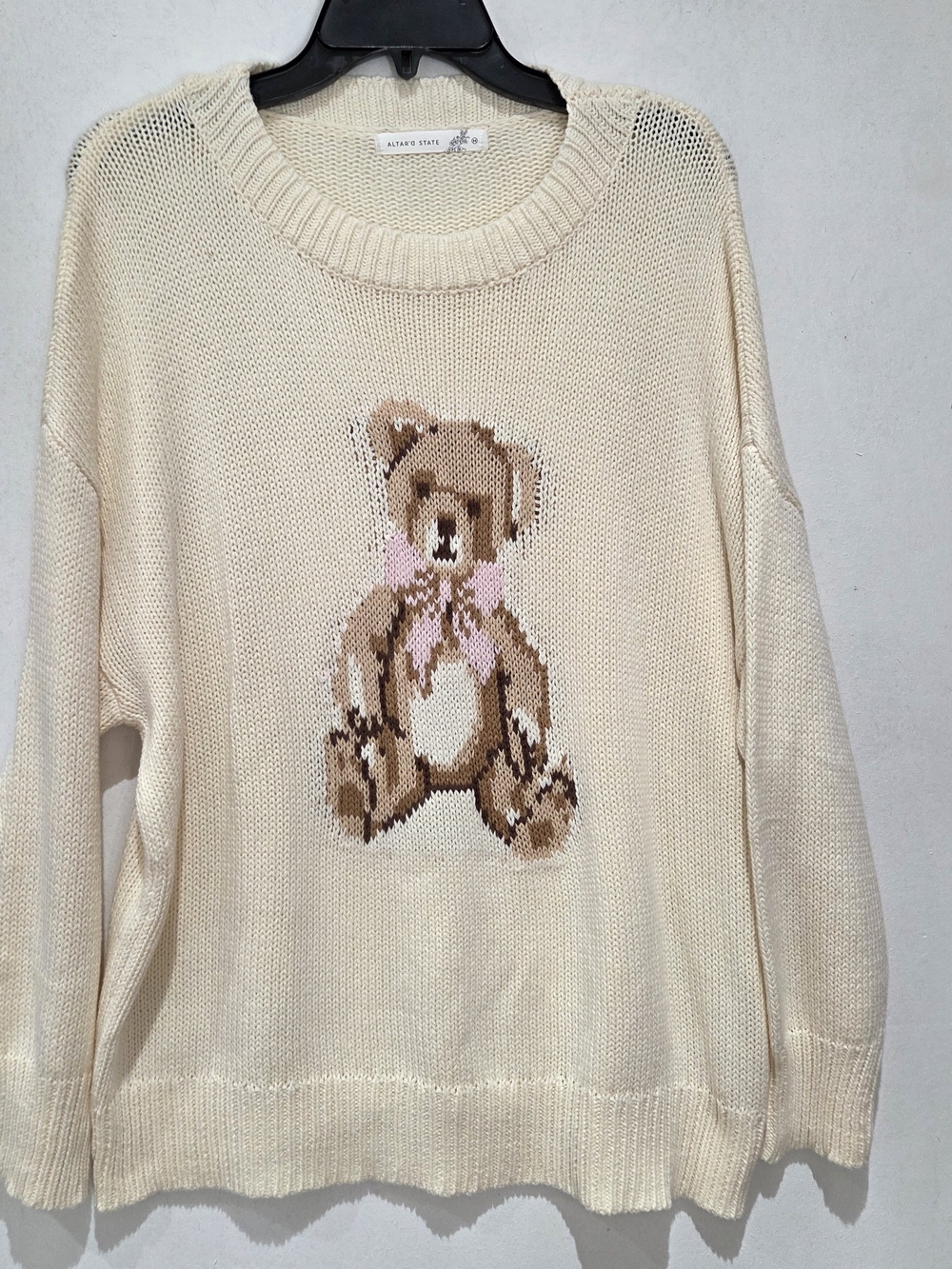 Altar'd State Cream Teddy Bear Sweater with Pink Bow